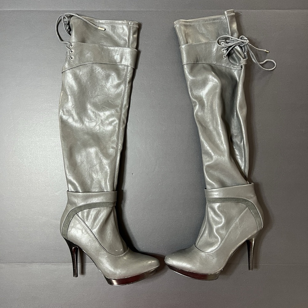 Nine West Knee High Boots Stiletto Womens 7.5 Gray Tie Accents Boho Going Out